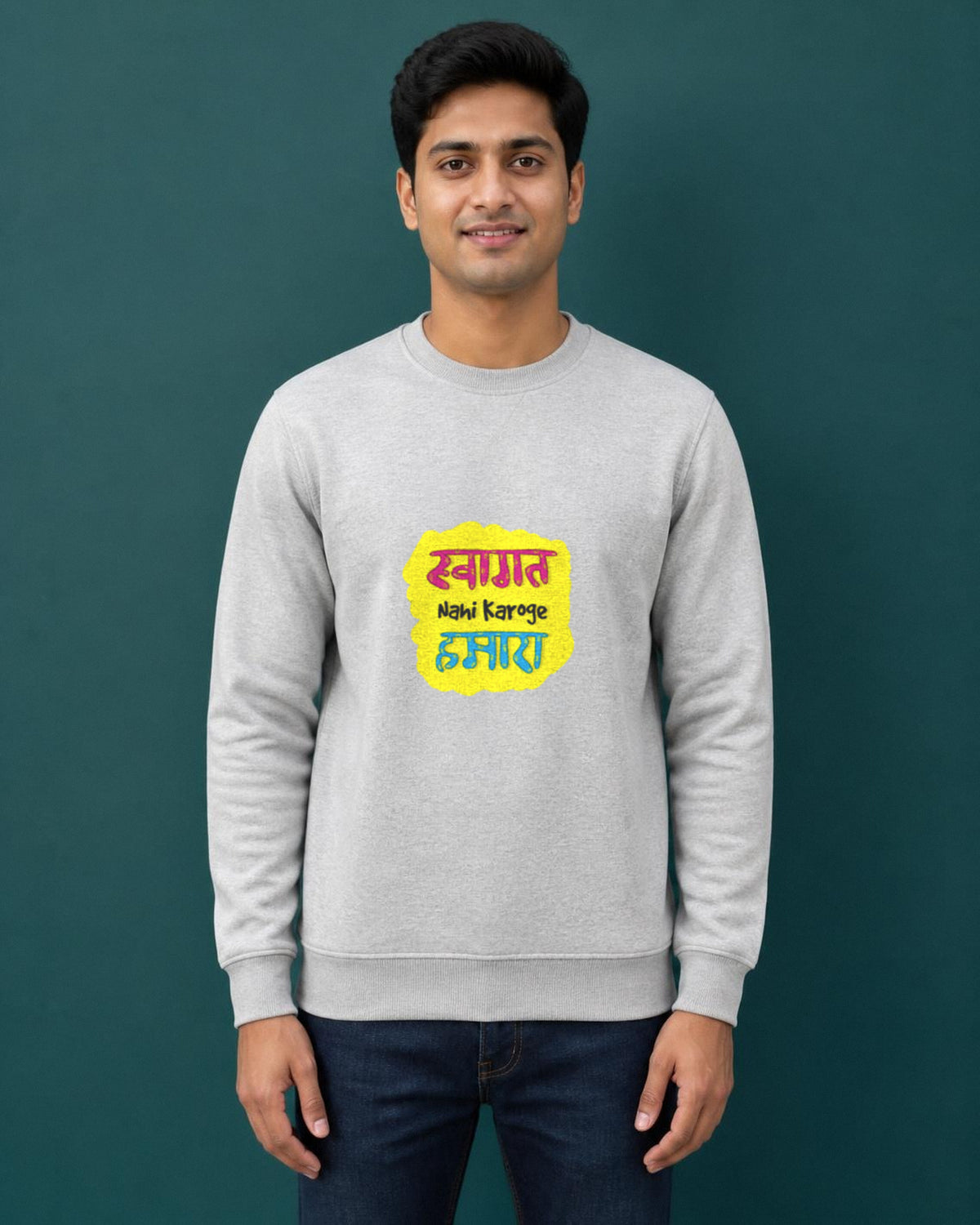 Swagat Nahi Karoge Hamara printed sweatshirt in Grey Melange worn by a model, Bonzo Peter's