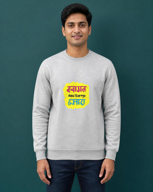 Swagat Nahi Karoge Hamara printed sweatshirt in Grey Melange worn by a model, Bonzo Peter's