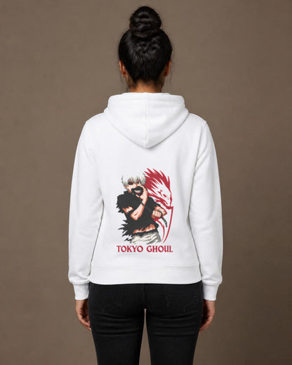 Tokyo Ghoul back print hoodie in White worn by a model, Bonzo Peter's