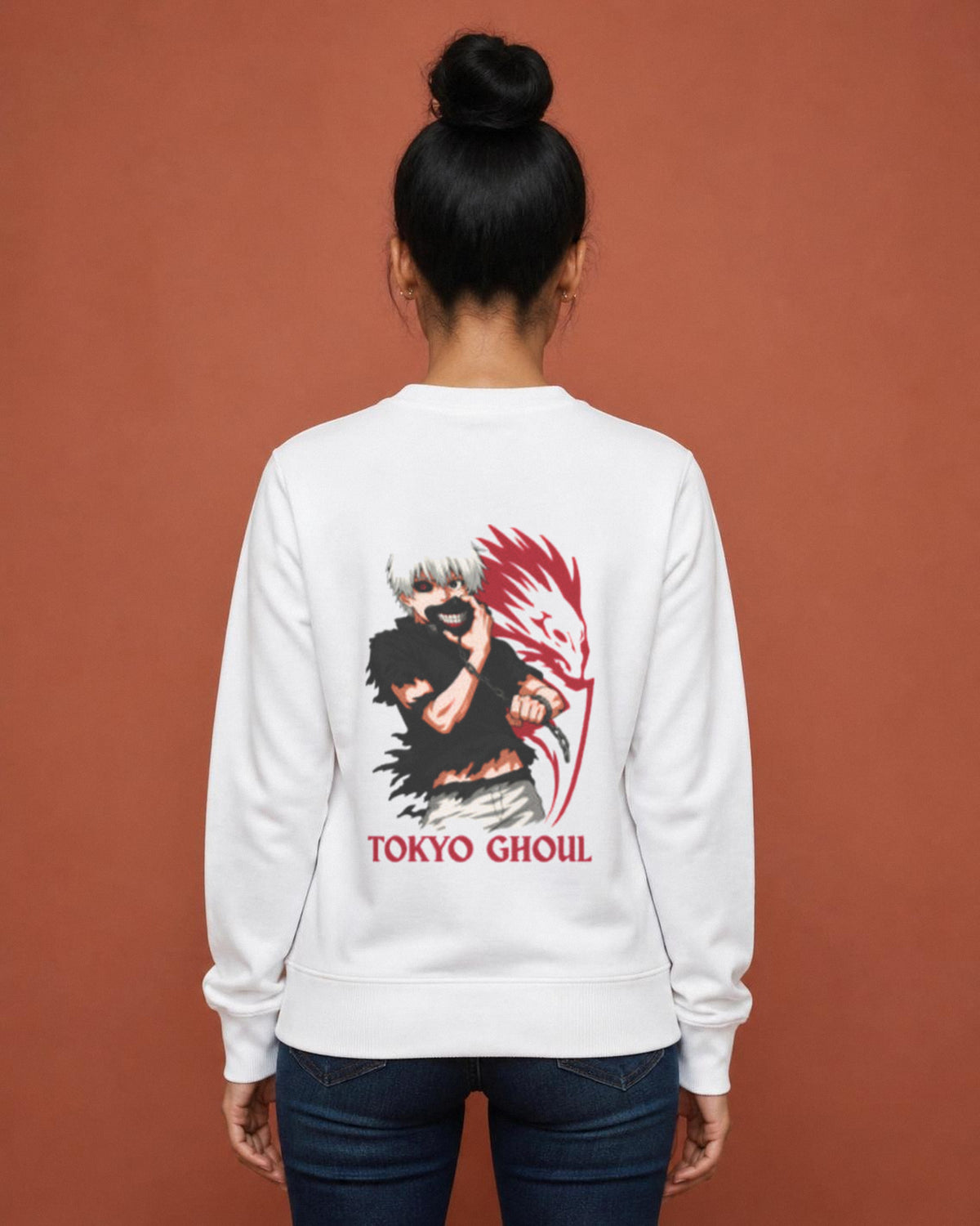 Tokyo Ghoul back print sweatshirt in White worn by a model, Bonzo Peter's