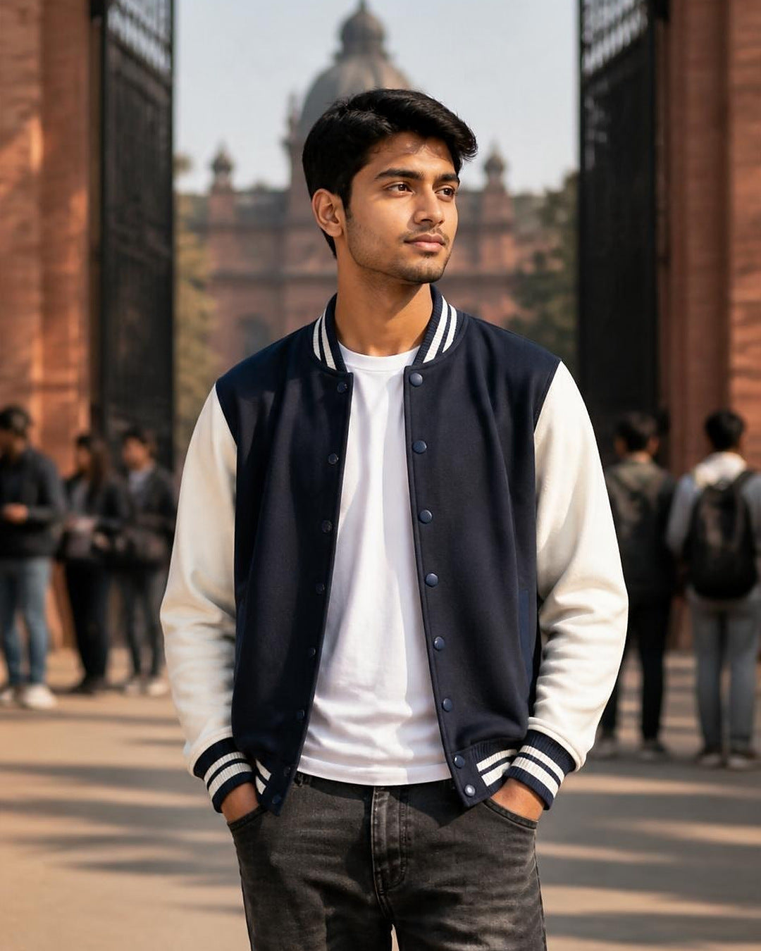 Bonzo Peter's navy blue varsity jacket with cream sleeves - man at college gate