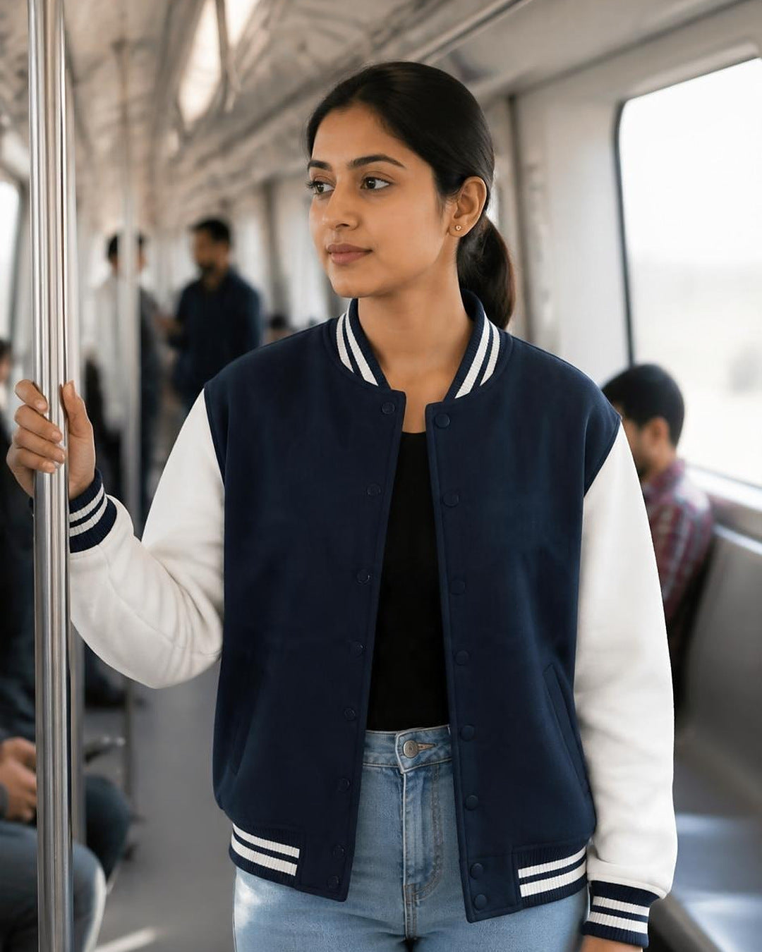 Bonzo Peter's navy blue varsity jacket with cream sleeves - woman at metro coach
