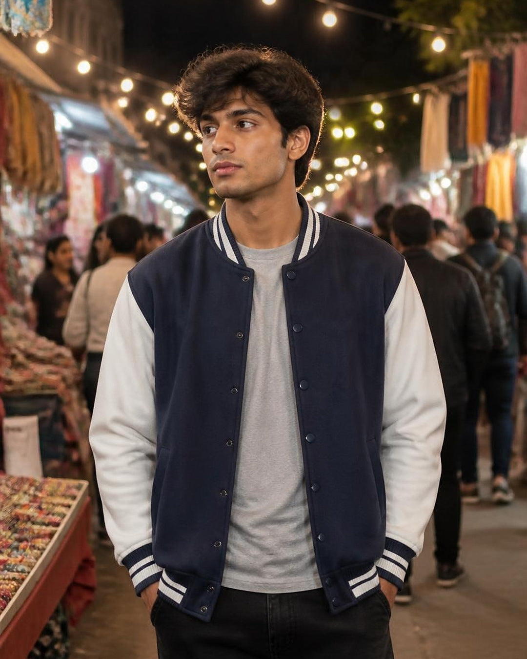 Bonzo Peter's navy blue varsity jacket with cream sleeves - man at night market