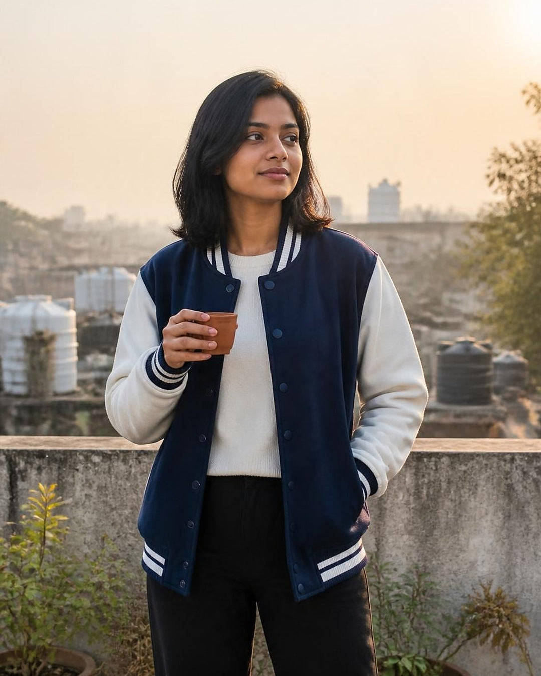 Bonzo Peter's navy blue varsity jacket with cream sleeves - woman on winter rooftop