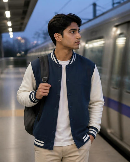 Bonzo Peter's navy blue varsity jacket with cream sleeves - man on metro platform