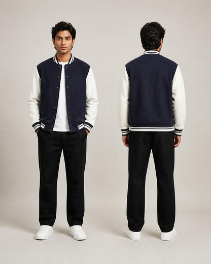 Bonzo Peter's navy blue varsity jacket with cream sleeves - studio front and back view