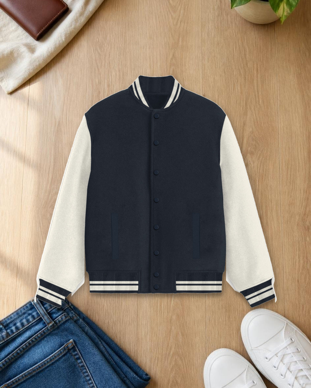 Bonzo Peter's navy blue varsity jacket with cream sleeves - flat lay