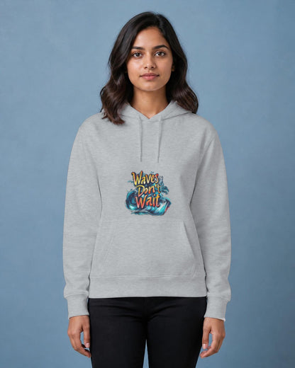 Waves Don't Wait printed hoodie in Grey Melange worn by a model, Bonzo Peter's